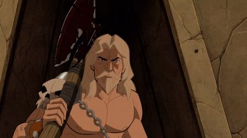 Movie still from “Justice League: Warworld” (2023), directed by Jeff Wamester – An image of an animated character holding an axe; Medium shot, High angle