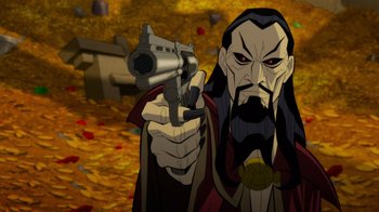 Movie still from “Justice League: Warworld” (2023), directed by Jeff Wamester – An image of an animated character holding a gun; Medium shot, Over the shoulder angle