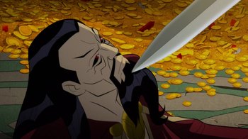 Movie still from “Justice League: Warworld” (2023), directed by Jeff Wamester – An animated picture of a man holding a sword; Close Up shot, Over the shoulder angle