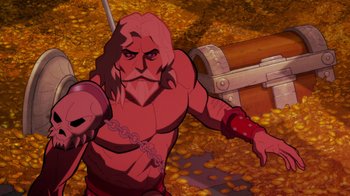 Movie still from “Justice League: Warworld” (2023), directed by Jeff Wamester – An image of an animated character with a sword; Medium shot, High angle