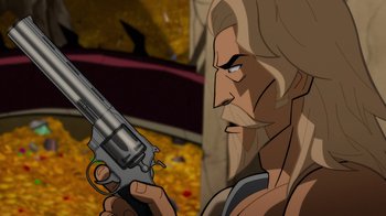 Movie still from “Justice League: Warworld” (2023), directed by Jeff Wamester – A man holding a gun while standing next to a table; Close Up shot, Over the shoulder angle