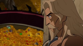 Movie still from “Justice League: Warworld” (2023), directed by Jeff Wamester – A person with long hair and a beard; Close Up shot, Over the shoulder angle