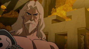Movie still from “Justice League: Warworld” (2023), directed by Jeff Wamester – An animated man with long white hair and a beard; Close Up shot, Over the shoulder angle