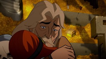 Movie still from “Justice League: Warworld” (2023), directed by Jeff Wamester – An animated picture of a man with long blonde hair; Close Up shot, Over the shoulder angle