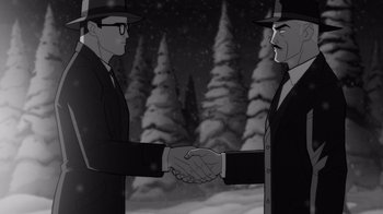 Movie still from “Justice League: Warworld” (2023), directed by Jeff Wamester – A black and white illustration of two men shaking hands; Medium shot, Over the shoulder angle
