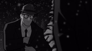 Movie still from “Justice League: Warworld” (2023), directed by Jeff Wamester – A man wearing a suit and a hat standing in front of a tree; Close Up shot, Over the shoulder angle