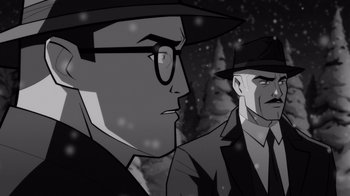 Movie still from “Justice League: Warworld” (2023), directed by Jeff Wamester – A black - and - white image of a man in a hat and glasses; Close Up shot, Over the shoulder angle