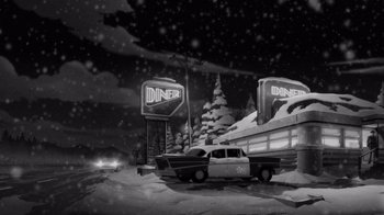 Movie still from “Justice League: Warworld” (2023), directed by Jeff Wamester – A black and white photo of a diner and a car; Extreme Wide shot, High angle