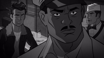 Movie still from “Justice League: Warworld” (2023), directed by Jeff Wamester – A black and white image of a man with a hat on; Close Up shot, Over the shoulder angle