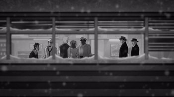 Movie still from “Justice League: Warworld” (2023), directed by Jeff Wamester – A black and white image of a group of people standing on a train platform; Extreme Wide shot, High angle