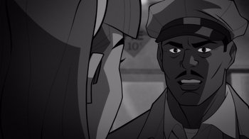 Movie still from “Justice League: Warworld” (2023), directed by Jeff Wamester – A black and white image of a man in a uniform; Close Up shot, Over the shoulder angle