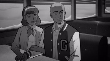 Movie still from “Justice League: Warworld” (2023), directed by Jeff Wamester – A black and white image of a man and woman; Medium shot, High angle