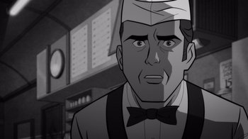 Movie still from “Justice League: Warworld” (2023), directed by Jeff Wamester – An animated picture of a man in a restaurant; Close Up shot, Over the shoulder angle