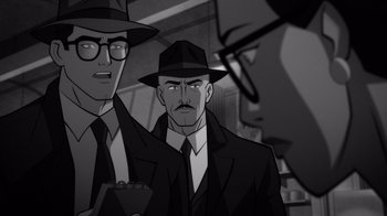 Movie still from “Justice League: Warworld” (2023), directed by Jeff Wamester – A man in a hat and a tie; Close Up shot, Over the shoulder angle