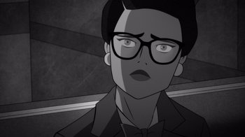 Movie still from “Justice League: Warworld” (2023), directed by Jeff Wamester – A man with glasses is looking at the camera; Close Up shot, Over the shoulder angle