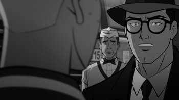 Movie still from “Justice League: Warworld” (2023), directed by Jeff Wamester – A person with a hat and glasses on; Close Up shot, Over the shoulder angle