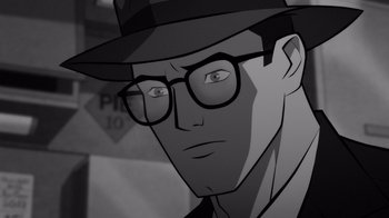 Movie still from “Justice League: Warworld” (2023), directed by Jeff Wamester – A black and white image of a man wearing glasses and a hat; Close Up shot, High angle