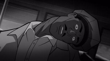 Movie still from “Justice League: Warworld” (2023), directed by Jeff Wamester – A black - and - white image of a man with a hat on; Close Up shot, High angle