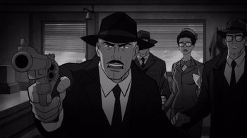 Movie still from “Justice League: Warworld” (2023), directed by Jeff Wamester – A black and white image of a man in a hat and a suit; Medium shot, Over the shoulder angle