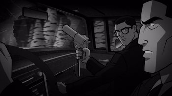 Movie still from “Justice League: Warworld” (2023), directed by Jeff Wamester – A man driving a car while holding the steering wheel; Medium shot, High angle