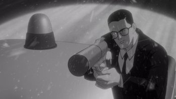 Movie still from “Justice League: Warworld” (2023), directed by Jeff Wamester – A black - and - white photo of a man holding a gun; Medium shot, Low angle