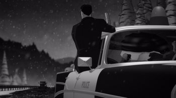 Movie still from “Justice League: Warworld” (2023), directed by Jeff Wamester – A black and white photo of a man in a police car; Medium shot, Low angle