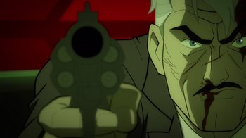 Movie still from “Justice League: Warworld” (2023), directed by Jeff Wamester – An image of a man with a gun in his hand; Close Up shot, Over the shoulder angle
