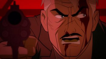 Movie still from “Justice League: Warworld” (2023), directed by Jeff Wamester – An animated picture of a man with a red face; Extreme Close Up shot, Overhead angle