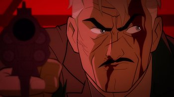 Movie still from “Justice League: Warworld” (2023), directed by Jeff Wamester – An animated picture of a man with a gun in his hand; Close Up shot, High angle