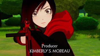 Movie still from “Justice League x RWBY: Super Heroes and Huntsmen Part One” (2023), directed by Kerry Shawcross – A woman holding a gun in front of a forest; Close Up shot, Over the shoulder angle