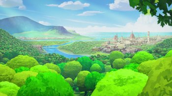 Movie still from “Justice League x RWBY: Super Heroes and Huntsmen Part One” (2023), directed by Kerry Shawcross – An artistic view of a town with a river running through it; Extreme Wide shot, High angle