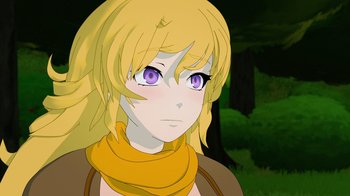 Movie still from “Justice League x RWBY: Super Heroes and Huntsmen Part One” (2023), directed by Kerry Shawcross – A woman with blonde hair wearing a yellow scarf; Close Up shot, Over the shoulder angle