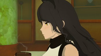 Movie still from “Justice League x RWBY: Super Heroes and Huntsmen Part One” (2023), directed by Kerry Shawcross – A woman with long black hair is looking at something in the distance; Close Up shot, Over the shoulder angle