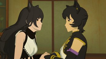 Movie still from “Justice League x RWBY: Super Heroes and Huntsmen Part One” (2023), directed by Kerry Shawcross – Two anime girls are holding each other's hands; Close Up shot, Over the shoulder angle