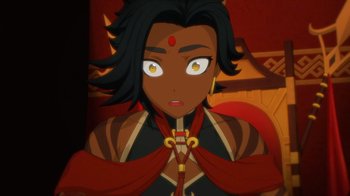 Movie still from “Justice League x RWBY: Super Heroes and Huntsmen Part One” (2023), directed by Kerry Shawcross – A person wearing a costume; Close Up shot, High angle