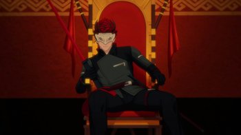 Movie still from “Justice League x RWBY: Super Heroes and Huntsmen Part One” (2023), directed by Kerry Shawcross – A person sitting in a chair holding two swords; Wide shot, High angle