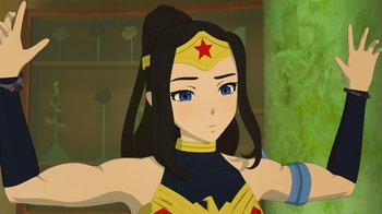 Movie still from “Justice League x RWBY: Super Heroes and Huntsmen Part One” (2023), directed by Kerry Shawcross – An animated wonder woman is looking at the camera; Medium shot, Low angle