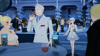 Movie still from “Justice League x RWBY: Super Heroes and Huntsmen Part One” (2023), directed by Kerry Shawcross – An animated man and a woman in a room with lights; Medium shot, Over the shoulder angle