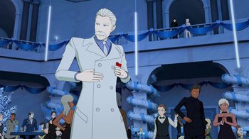 Movie still from “Justice League x RWBY: Super Heroes and Huntsmen Part One” (2023), directed by Kerry Shawcross – An animated figure of a man in a white coat; Medium shot, Over the shoulder angle