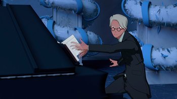 Movie still from “Justice League x RWBY: Super Heroes and Huntsmen Part One” (2023), directed by Kerry Shawcross – An animation of a woman playing a piano; Medium shot, High angle