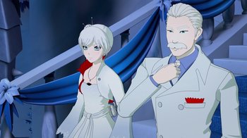 Movie still from “Justice League x RWBY: Super Heroes and Huntsmen Part One” (2023), directed by Kerry Shawcross – An animated picture of a man and a woman; Medium shot, Low angle