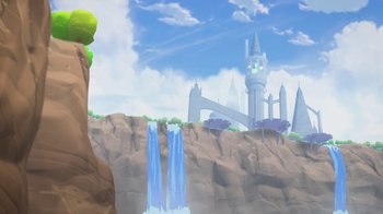 Movie still from “Justice League x RWBY: Super Heroes and Huntsmen Part One” (2023), directed by Kerry Shawcross – An image of an animated scene with a castle in the background; Extreme Wide shot, Low angle