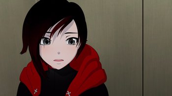 Movie still from “Justice League x RWBY: Super Heroes and Huntsmen Part One” (2023), directed by Kerry Shawcross – An animated picture of a woman with a red jacket; Close Up shot, Over the shoulder angle