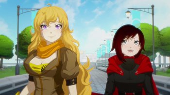 Movie still from “Justice League x RWBY: Super Heroes and Huntsmen Part One” (2023), directed by Kerry Shawcross – Two anime girls standing next to each other on a city street; Medium shot, Low angle