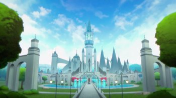 Movie still from “Justice League x RWBY: Super Heroes and Huntsmen Part One” (2023), directed by Kerry Shawcross – An illustration of a castle with a fountain in front of it; Extreme Wide shot, High angle