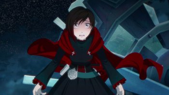 Movie still from “Justice League x RWBY: Super Heroes and Huntsmen Part One” (2023), directed by Kerry Shawcross – A woman in a black dress and red cape; Medium shot, Overhead angle