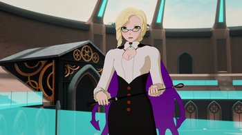 Movie still from “Justice League x RWBY: Super Heroes and Huntsmen Part One” (2023), directed by Kerry Shawcross – A woman in a black and white outfit holding a pair of bats; Medium shot, Over the shoulder angle