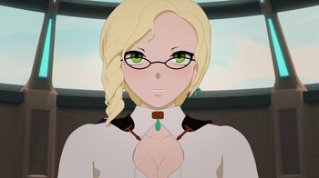 Movie still from “Justice League x RWBY: Super Heroes and Huntsmen Part One” (2023), directed by Kerry Shawcross – An animated woman wearing glasses and a white shirt; Close Up shot, Low angle
