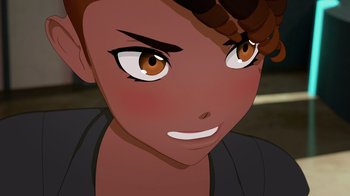 Movie still from “Justice League x RWBY: Super Heroes and Huntsmen Part One” (2023), directed by Kerry Shawcross – An animated picture of a person with brown eyes; Close Up shot, Overhead angle