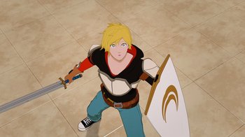 Movie still from “Justice League x RWBY: Super Heroes and Huntsmen Part One” (2023), directed by Kerry Shawcross – A cartoon of a man holding a sword and a shield; Medium shot, Low angle